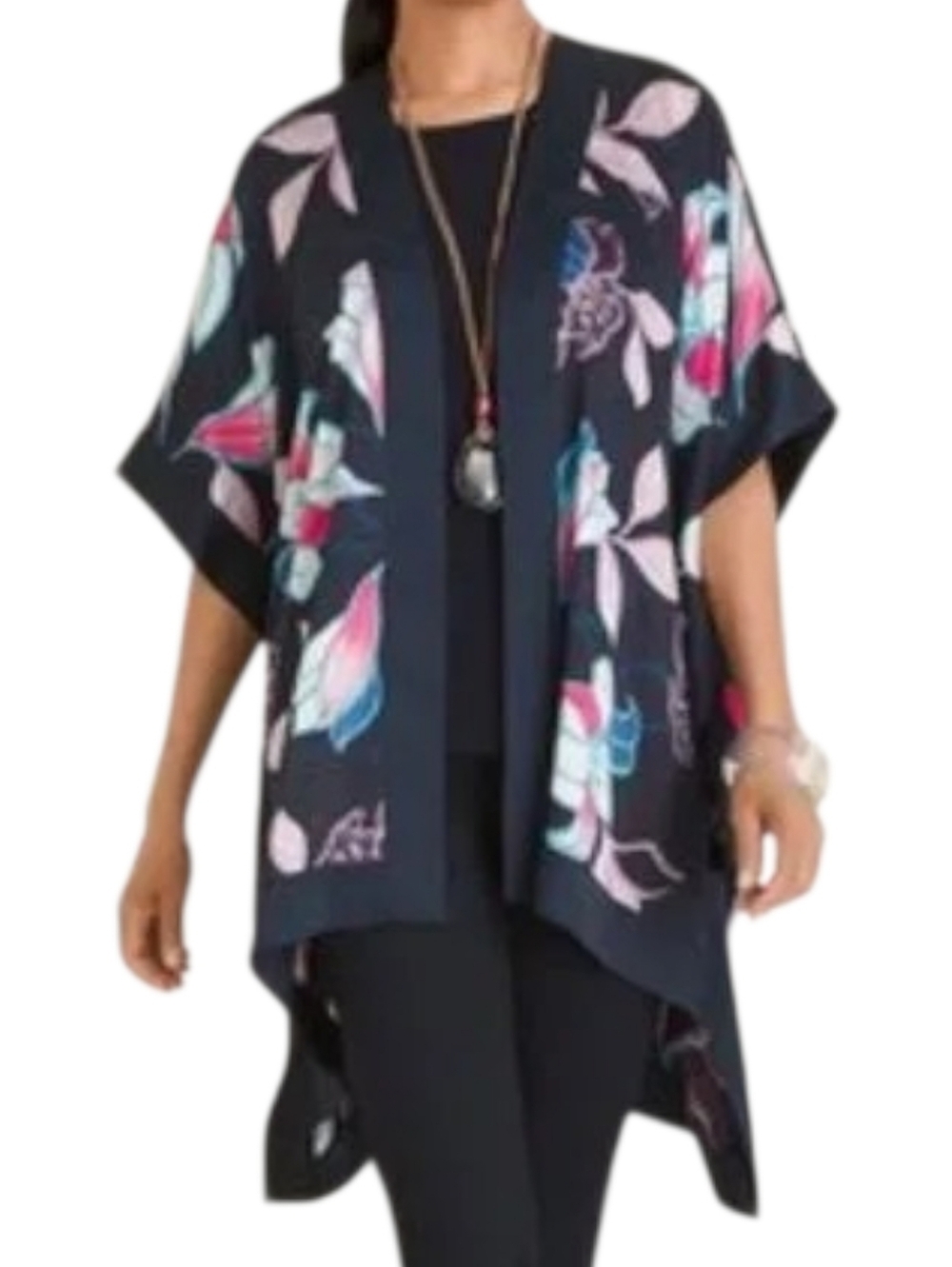 CHICO'S Traveler Navy Floral Longline Silky Kimono L/XL Resortwear Vacation